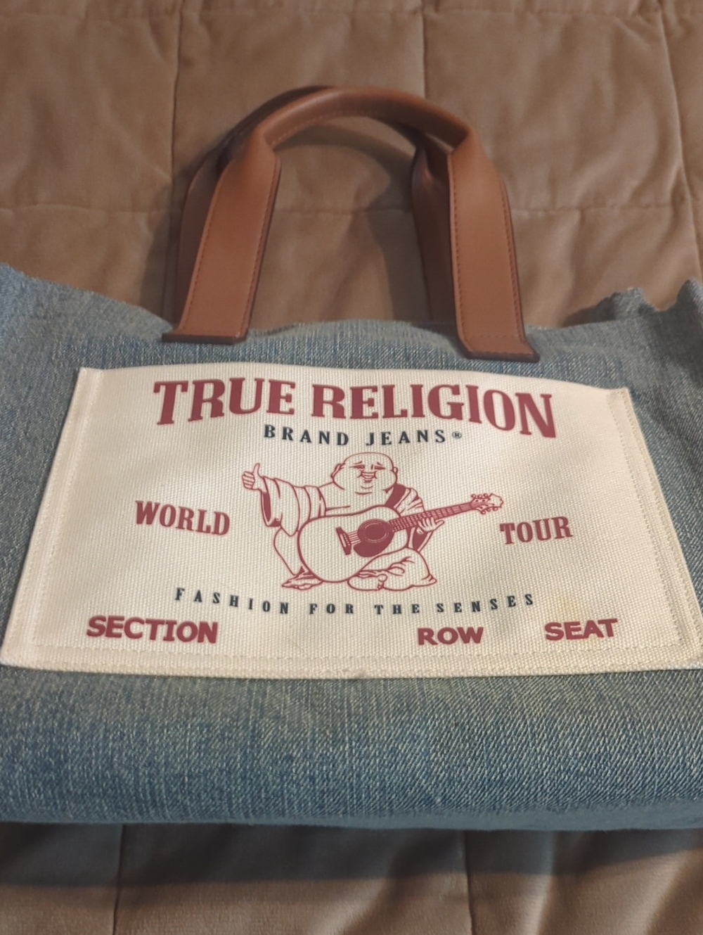 True Religion Denim Tote Bag with Brown Leather Handles. used Once No Wear - Picture 2 of 8